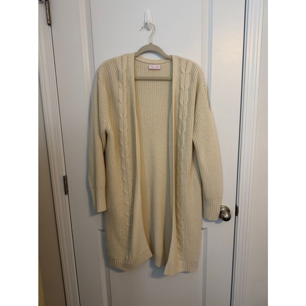 Pink Lily Cream Cable-Front Open Cardigan